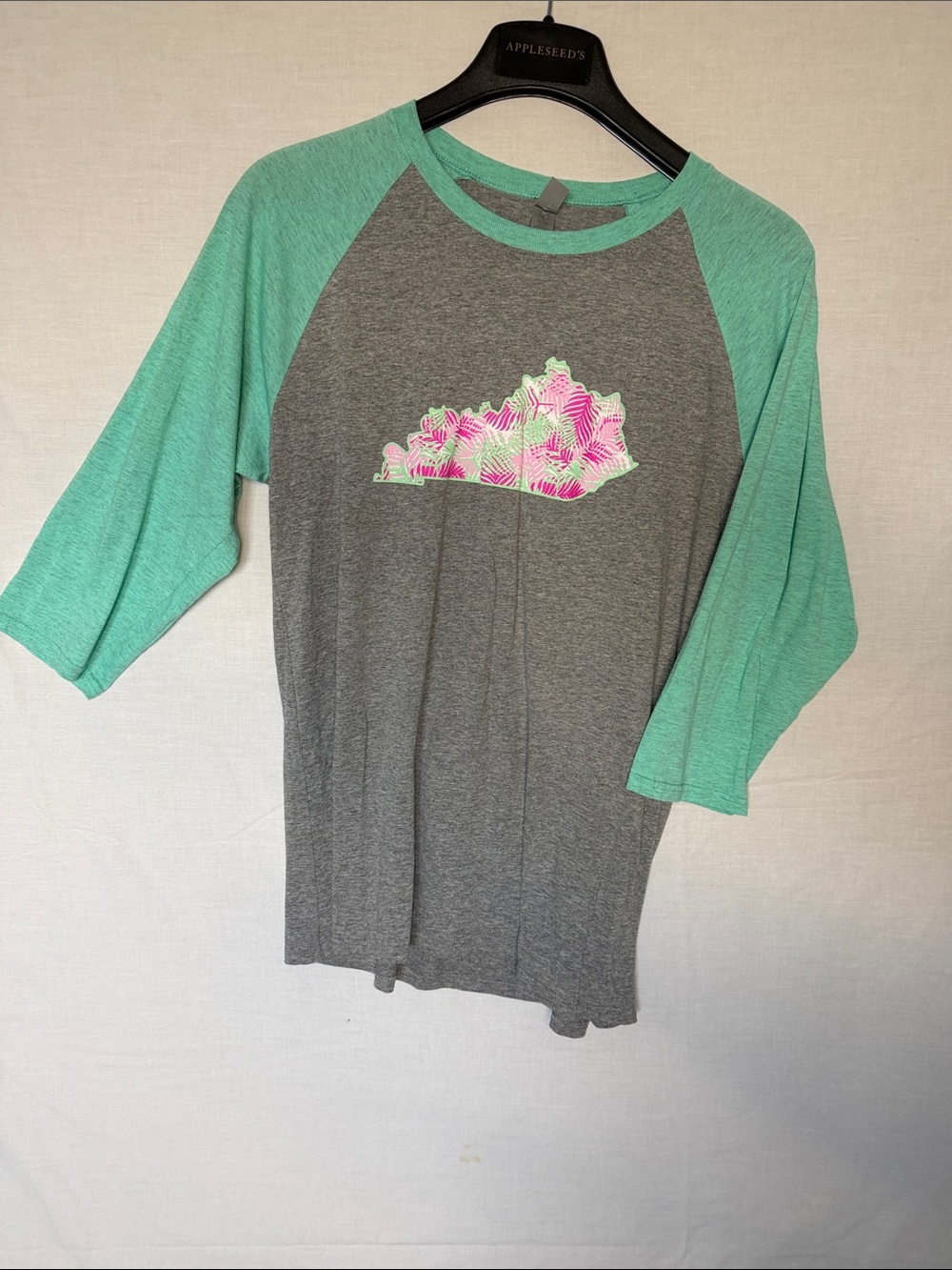 Jerzees Gray and Mint Raglan Tee with Pink Floral State Graphic